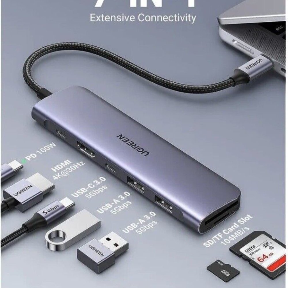 UGREEN USB C Hub 7 in 1, Multiport Adapter with 4K HDMI, 100W Fast Charging NIB